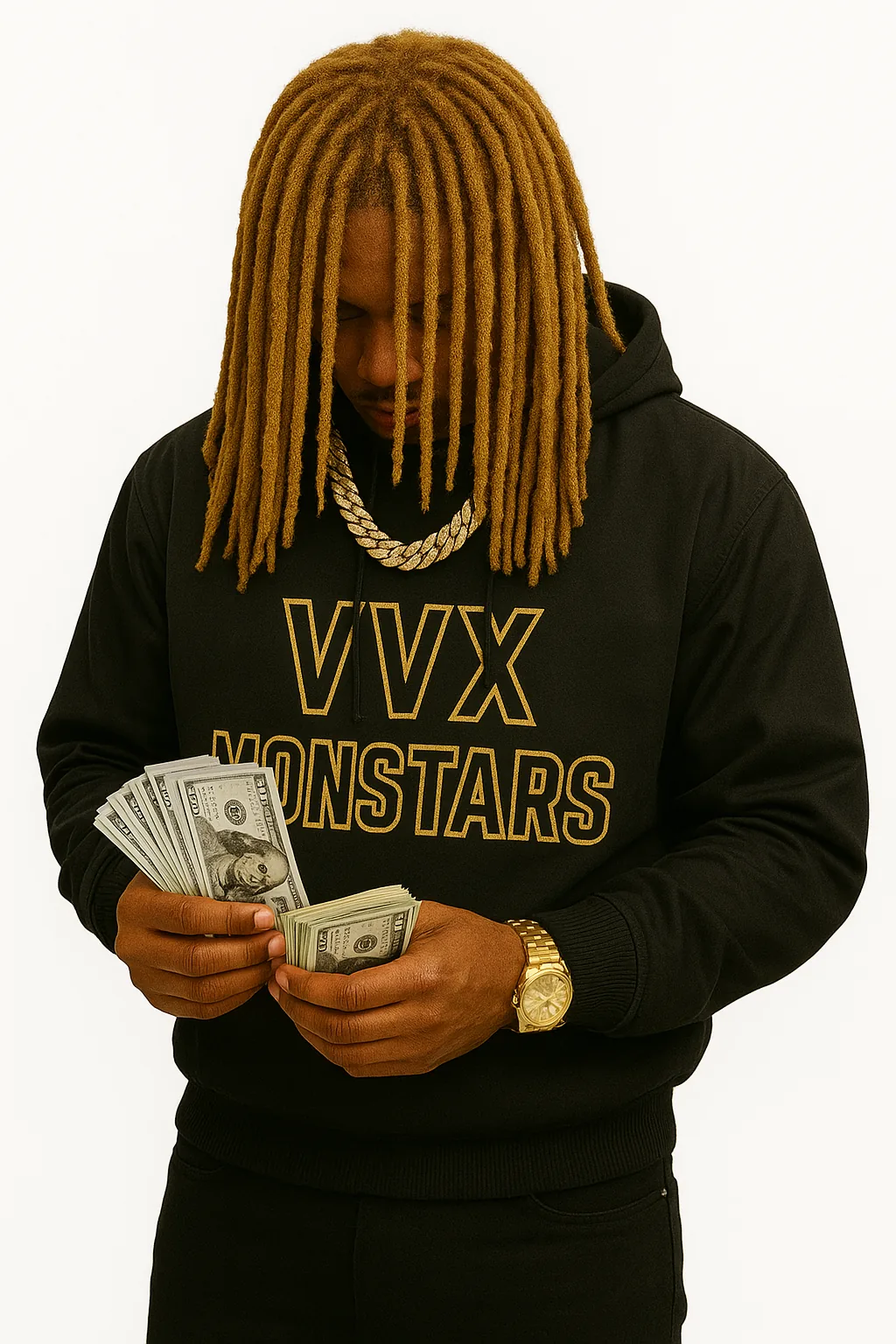 VVXHQ men's VVX Hoodie in Onyx Black, Heavyweight black hoodie with gold chenille lettering