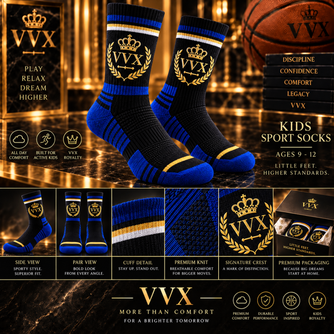 VVXHQ kids' VVX Kids Noir Blue Sport Sock in Onyx Black — Black, Royal Blue & Gold, sold as a single pair.