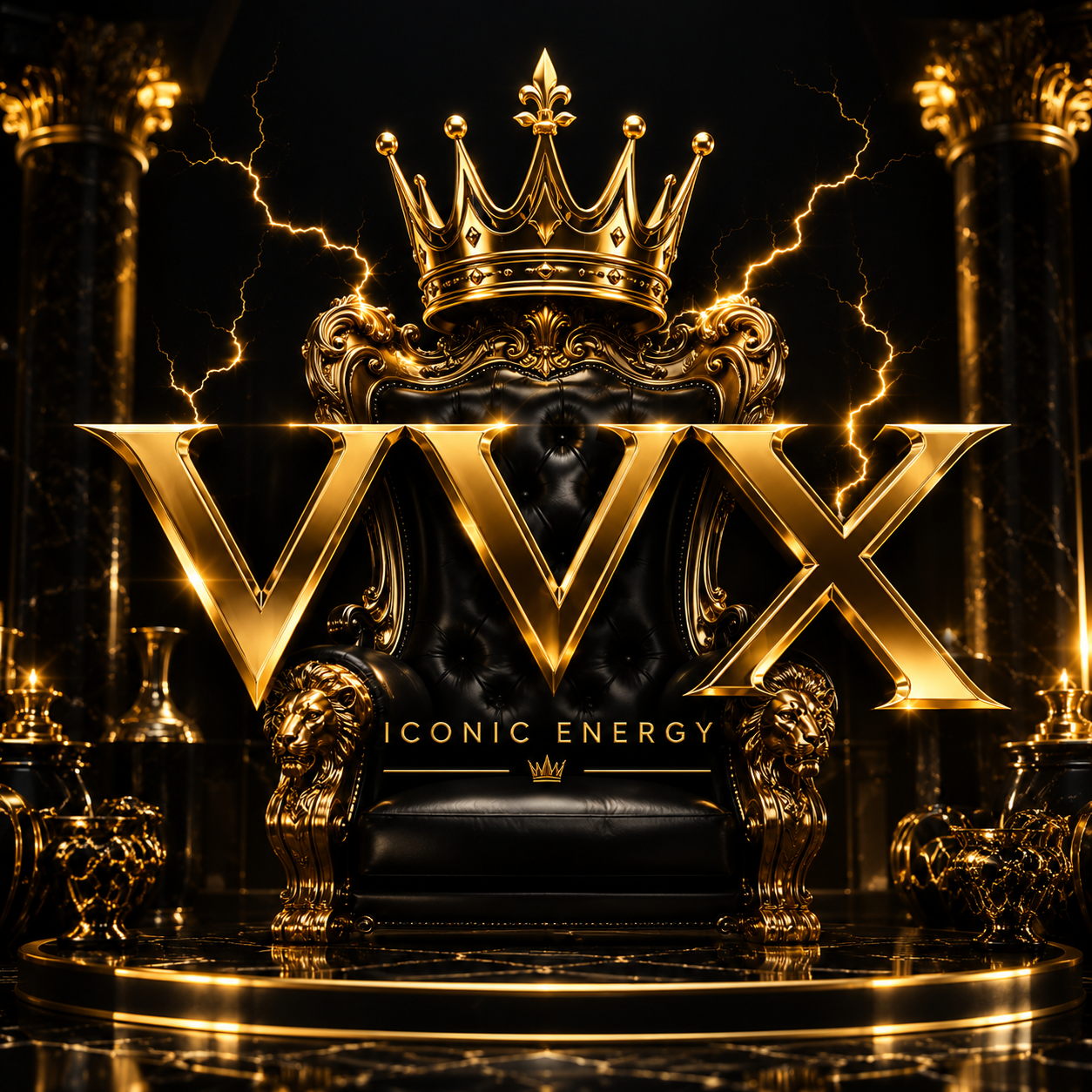 VVXHQ gold monogram on a black and gold throne