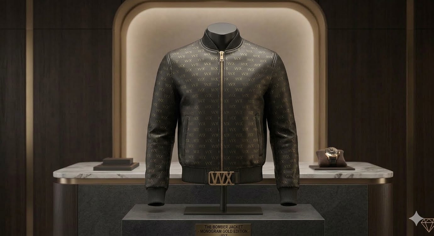 VVXHQ men's Bomber Jacket — Monogram Gold Edition, Clean-line bomber in gold monogram leather