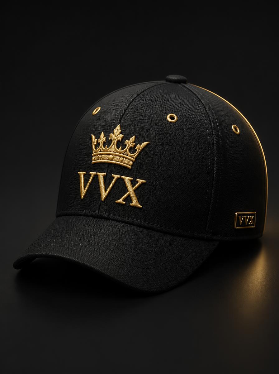 VVXHQ VVX Signature Cap in Onyx Black, Black structured cap with gold crown embroidery