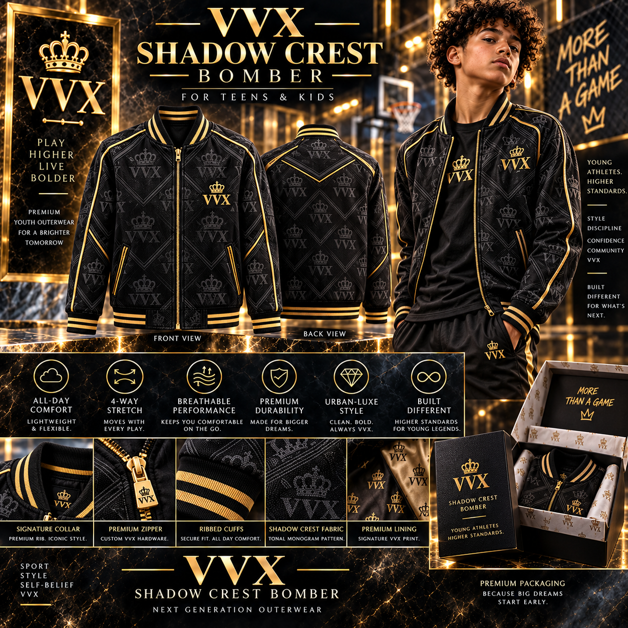 VVXHQ men's VVX Shadow Crest Bomber — Men's in Onyx Black, Black & Gold · For teens & kids