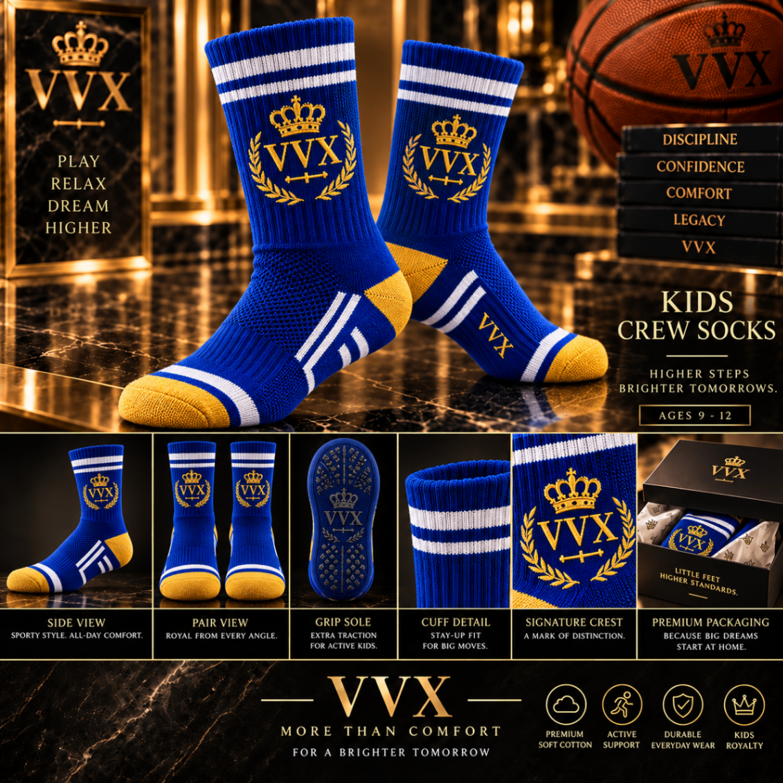 VVXHQ kids' VVX Kids Royal Gold Crew Sock in Onyx Black — Royal Blue & Gold, sold as a single pair.