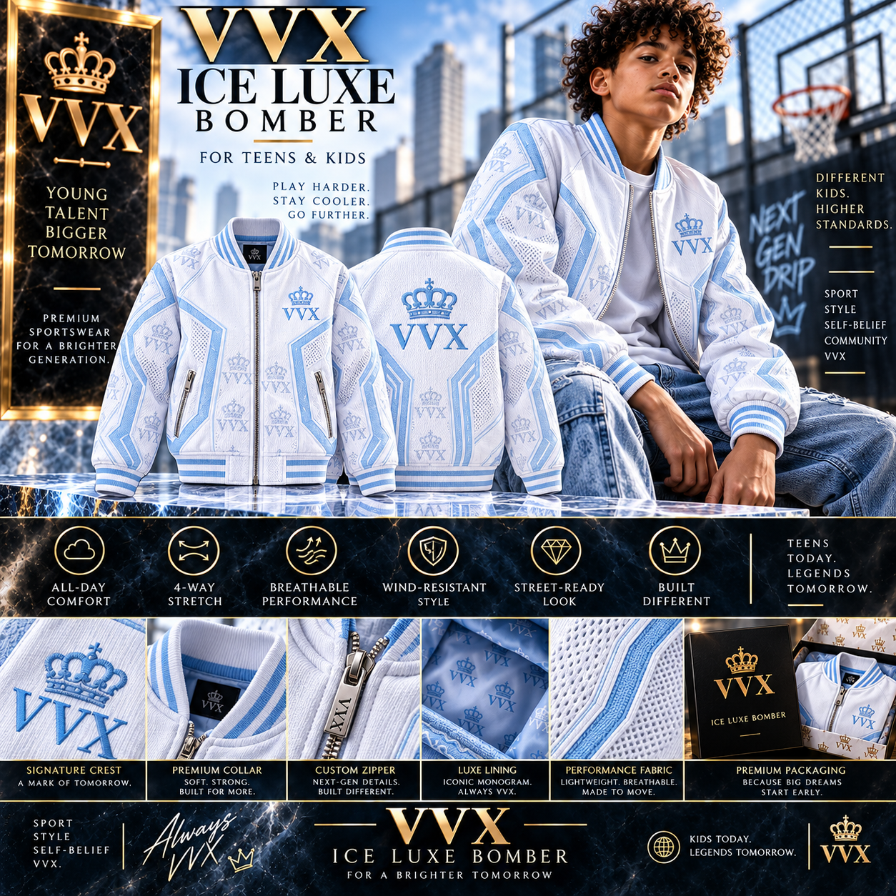 VVXHQ men's VVX Ice Luxe Bomber — Men's in Onyx Black, White & Ice Blue · For teens & kids