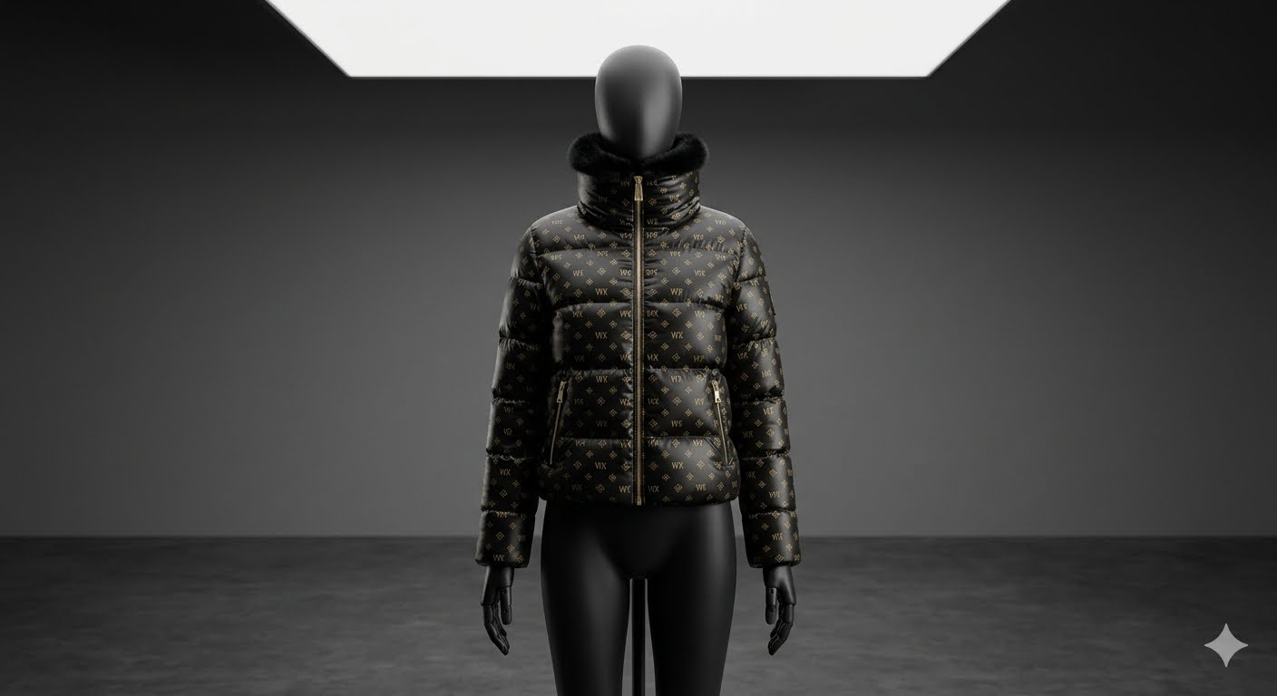 VVXHQ women's Monogram Fur-Collar Puffer, Cropped down puffer with removable plush collar