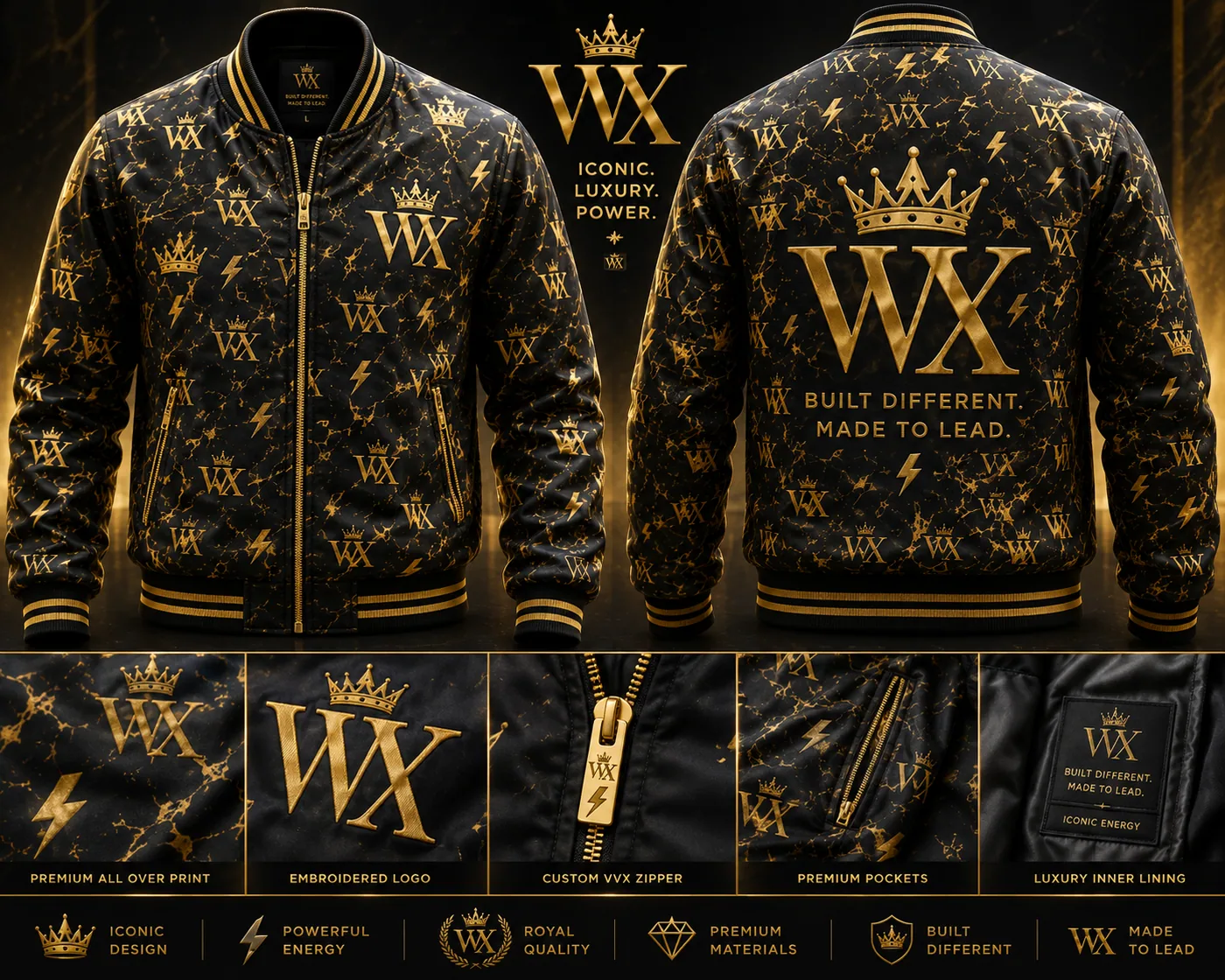 VVXHQ men's Iconic Energy Varsity Bomber, All-over gold monogram, crown and lightning print