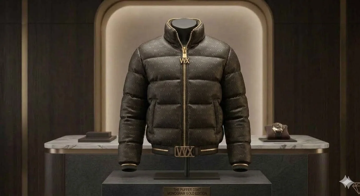 VVXHQ men's Puffer Coat — Monogram Gold Edition, High-shine monogram puffer with funnel collar