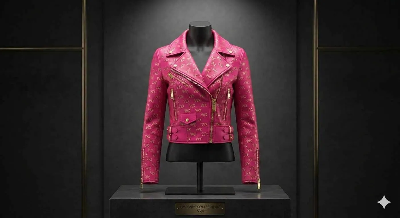 VVXHQ women's Magenta Monogram Leather Moto in Magenta Reign, Statement moto in fuchsia leather with gold monogram