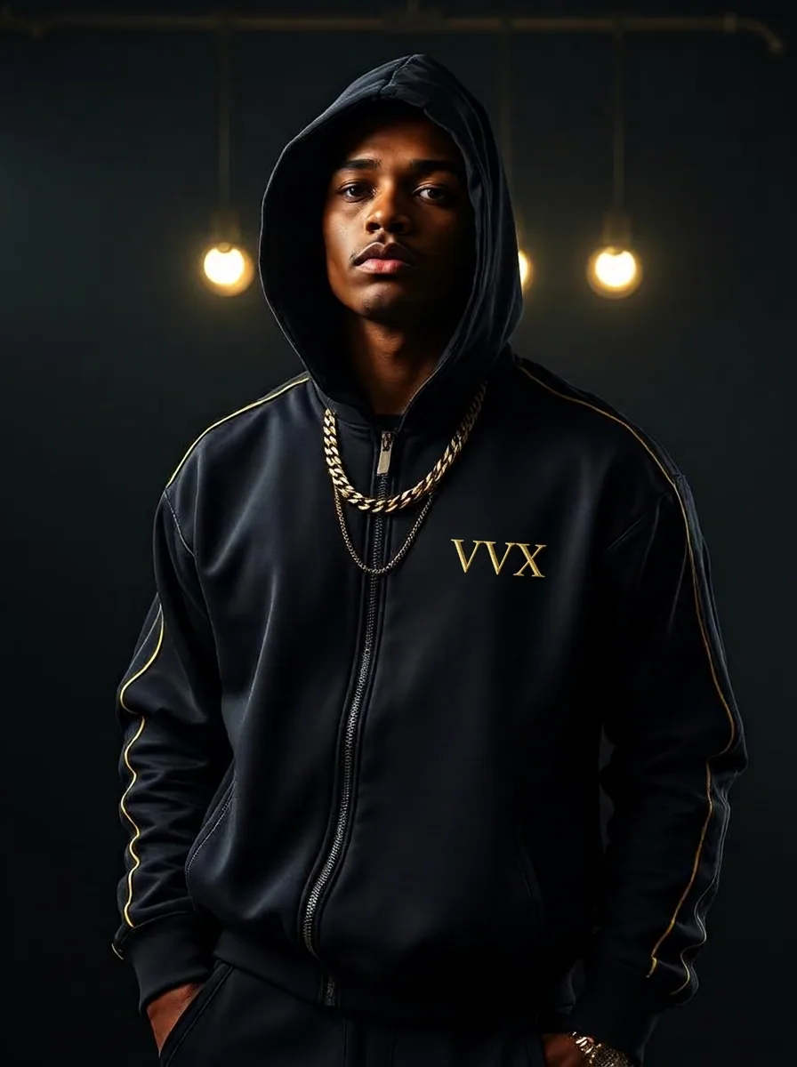 VVXHQ men's Piped Tracksuit in Slate Blue, Gold-piped hooded tracksuit set