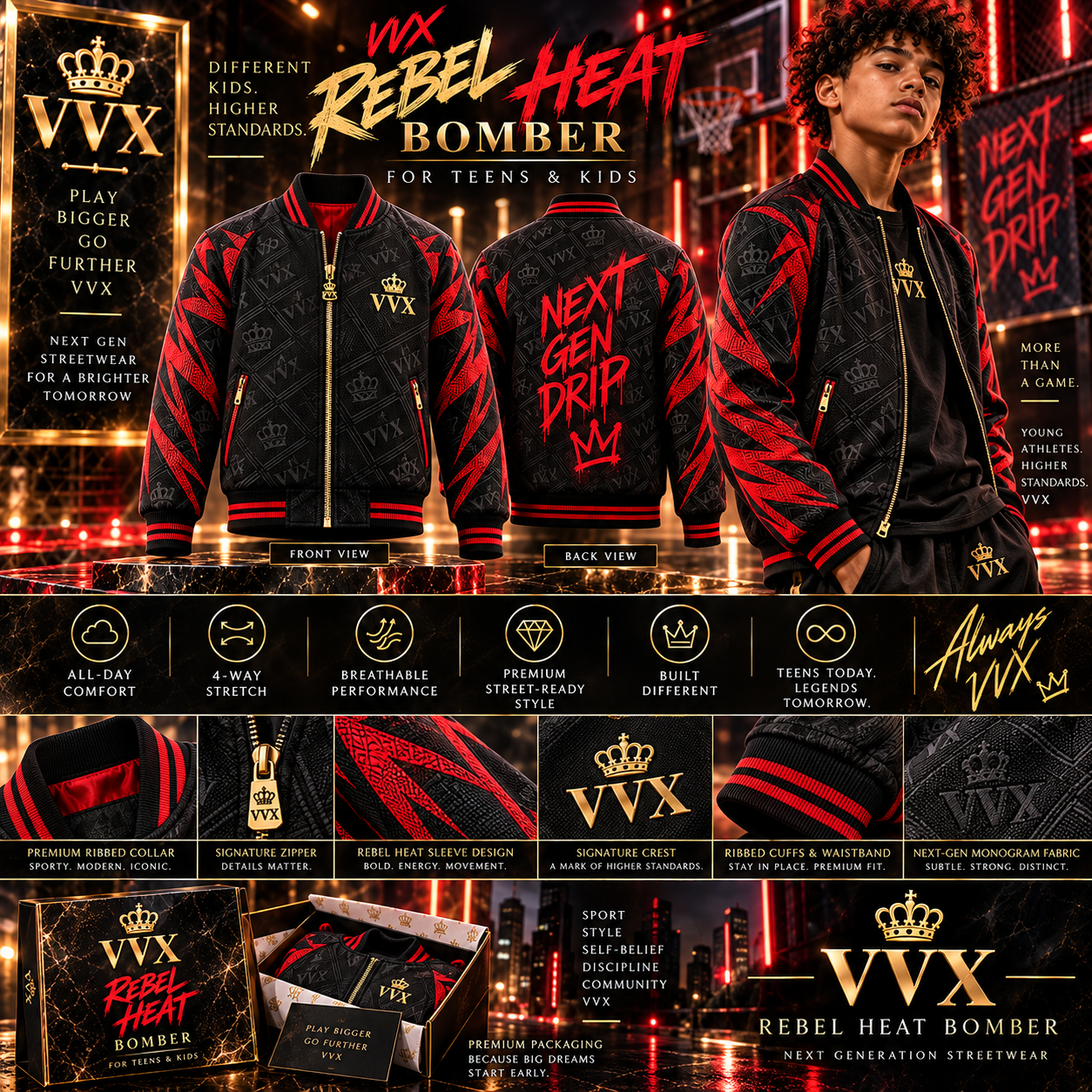 VVXHQ men's VVX Rebel Heat Bomber — Men's in Onyx Black, Black & Red · For teens & kids