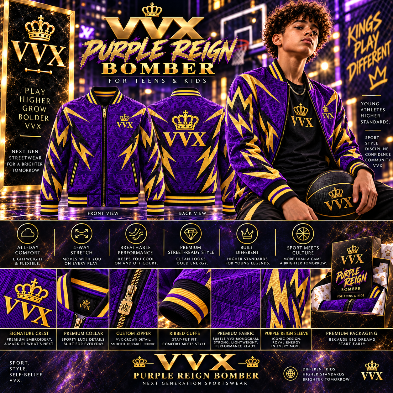 VVXHQ men's VVX Purple Reign Bomber — Men's in Onyx Black, Purple & Gold · For teens & kids