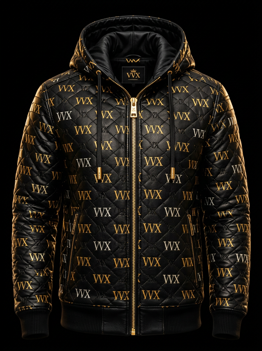 VVXHQ men's First Statement Monogram Jacket in Onyx Black, Men's quilted gold VVX monogram hooded bomber
