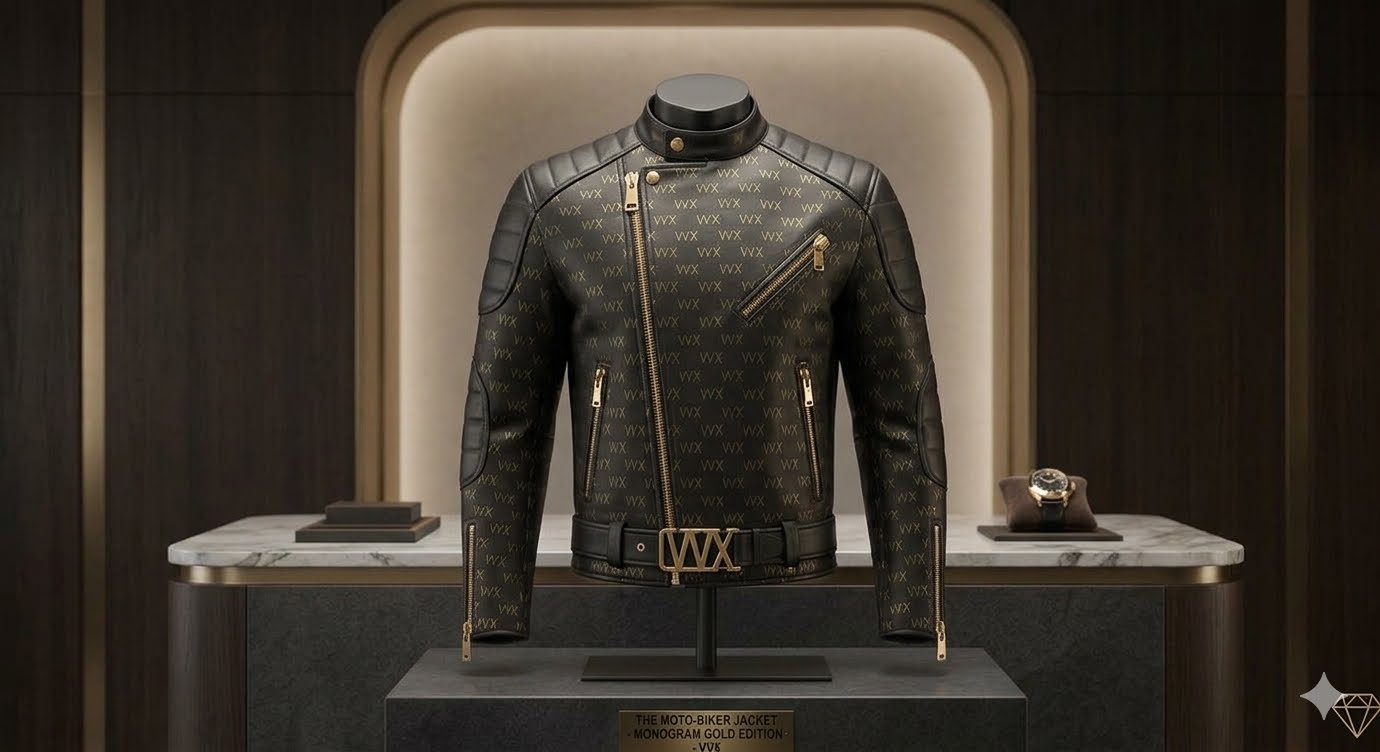 VVXHQ men's Moto-Biker Jacket — Monogram Gold Edition, Padded leather biker with tonal gold monogram