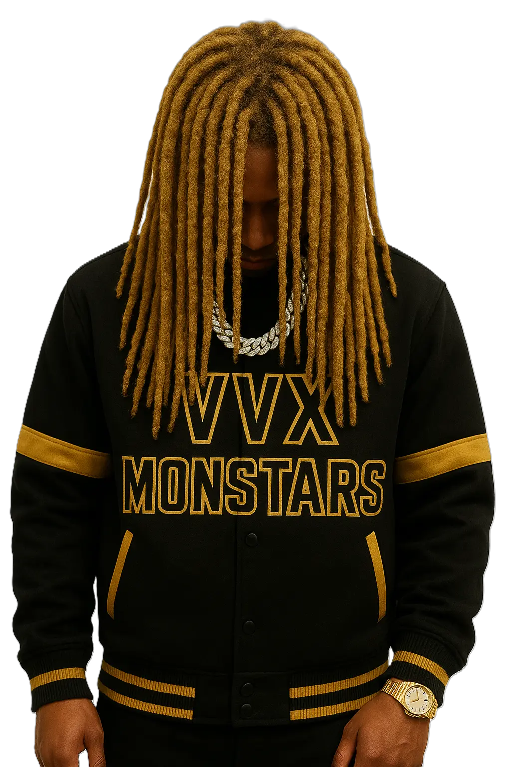 VVX Monstars Varsity Jacket — Wool-blend varsity with gold chenille lettering