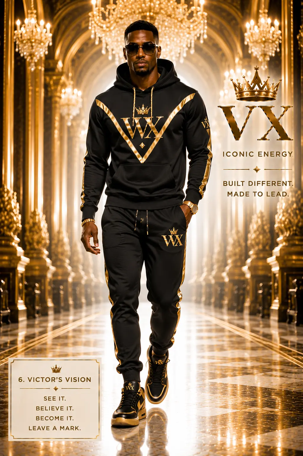 Victor's Vision Hoodie Set — Black chevron hoodie & gold-taped jogger