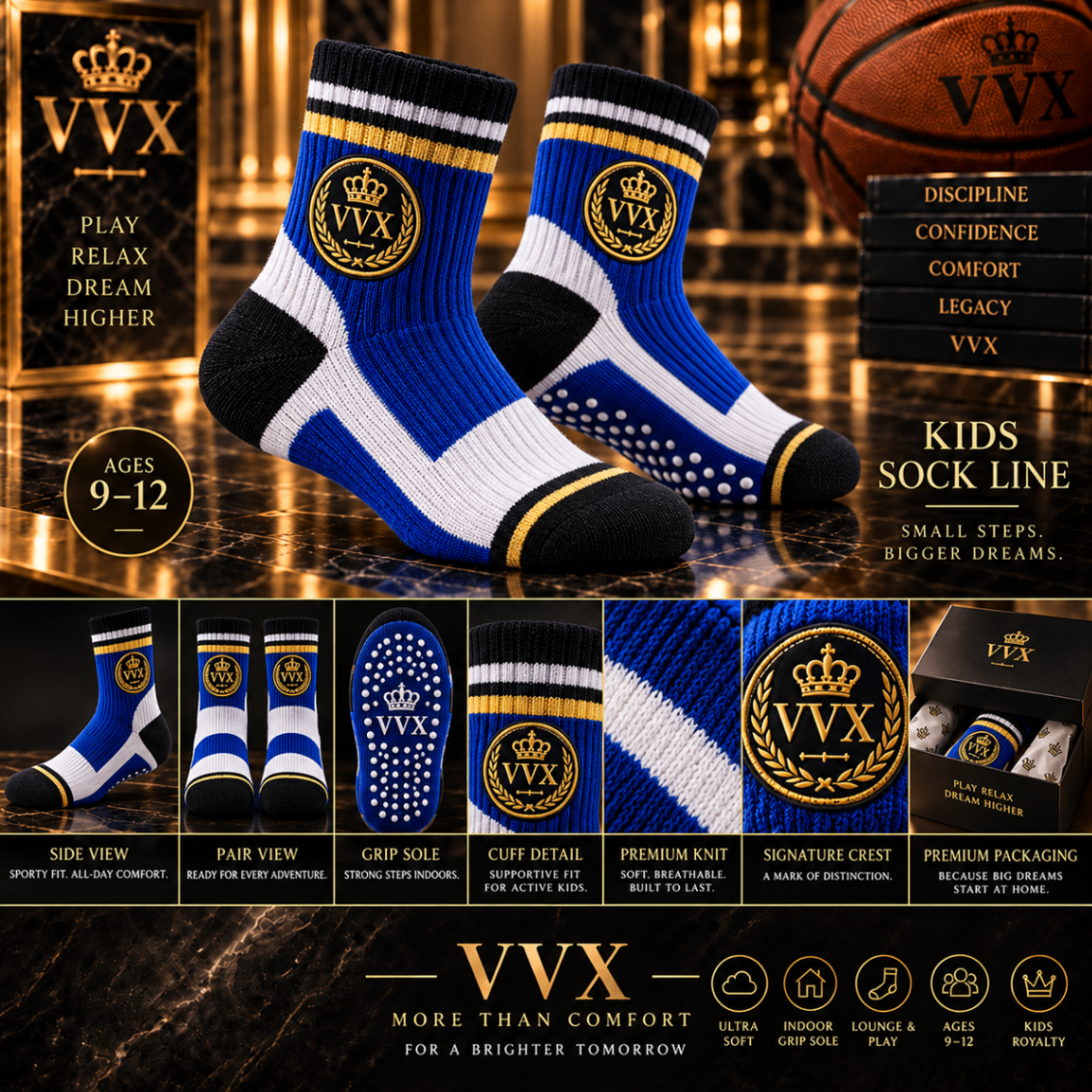 VVXHQ kids' VVX Kids Royal Crest Grip Sock in Onyx Black — Royal Blue, White & Gold, sold as a single pair.
