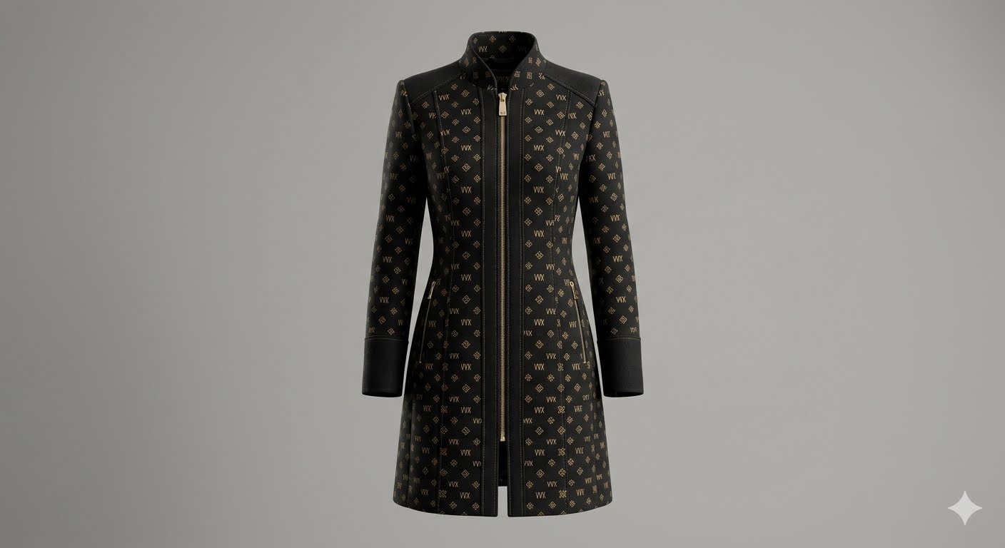 VVXHQ women's Monogram Longline Coat, Zip-front tailored coat in gold VVX monogram jacquard