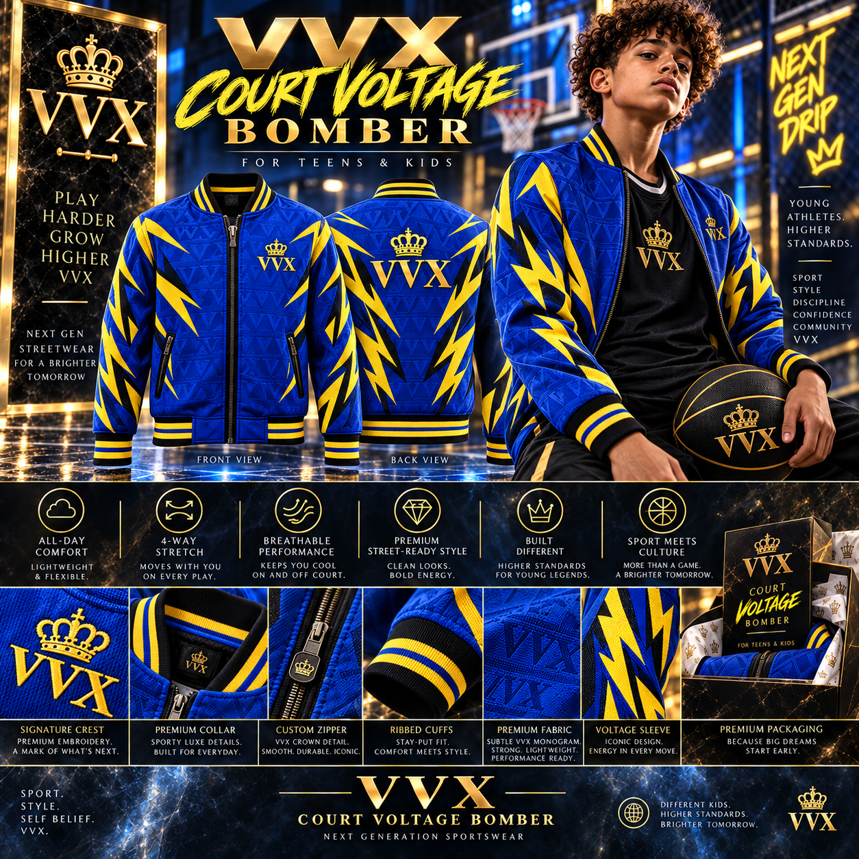 VVXHQ men's VVX Court Voltage Bomber — Men's in Onyx Black, Royal Blue & Volt Yellow · For teens & kids