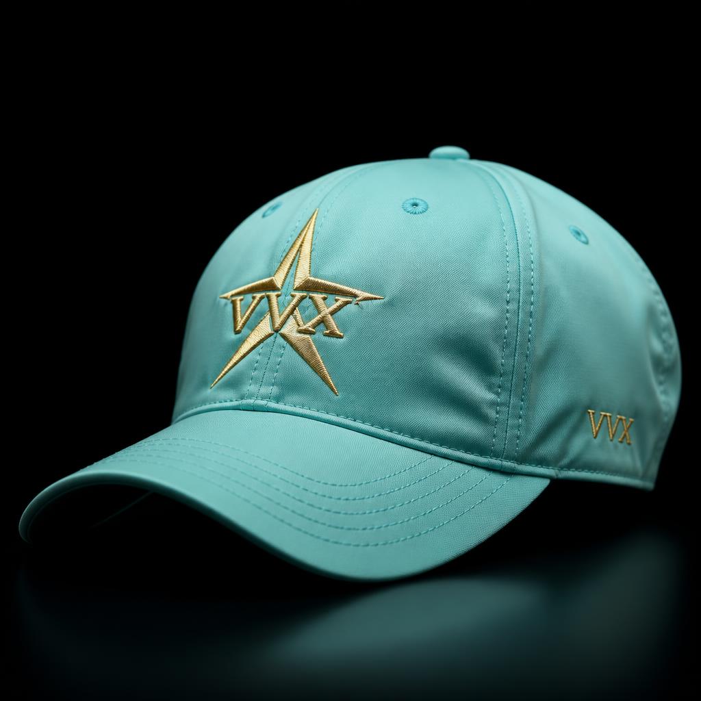 VVXHQ Aqua Star Baseball Cap in Aqua Chrome, Gold VVX star emblem
