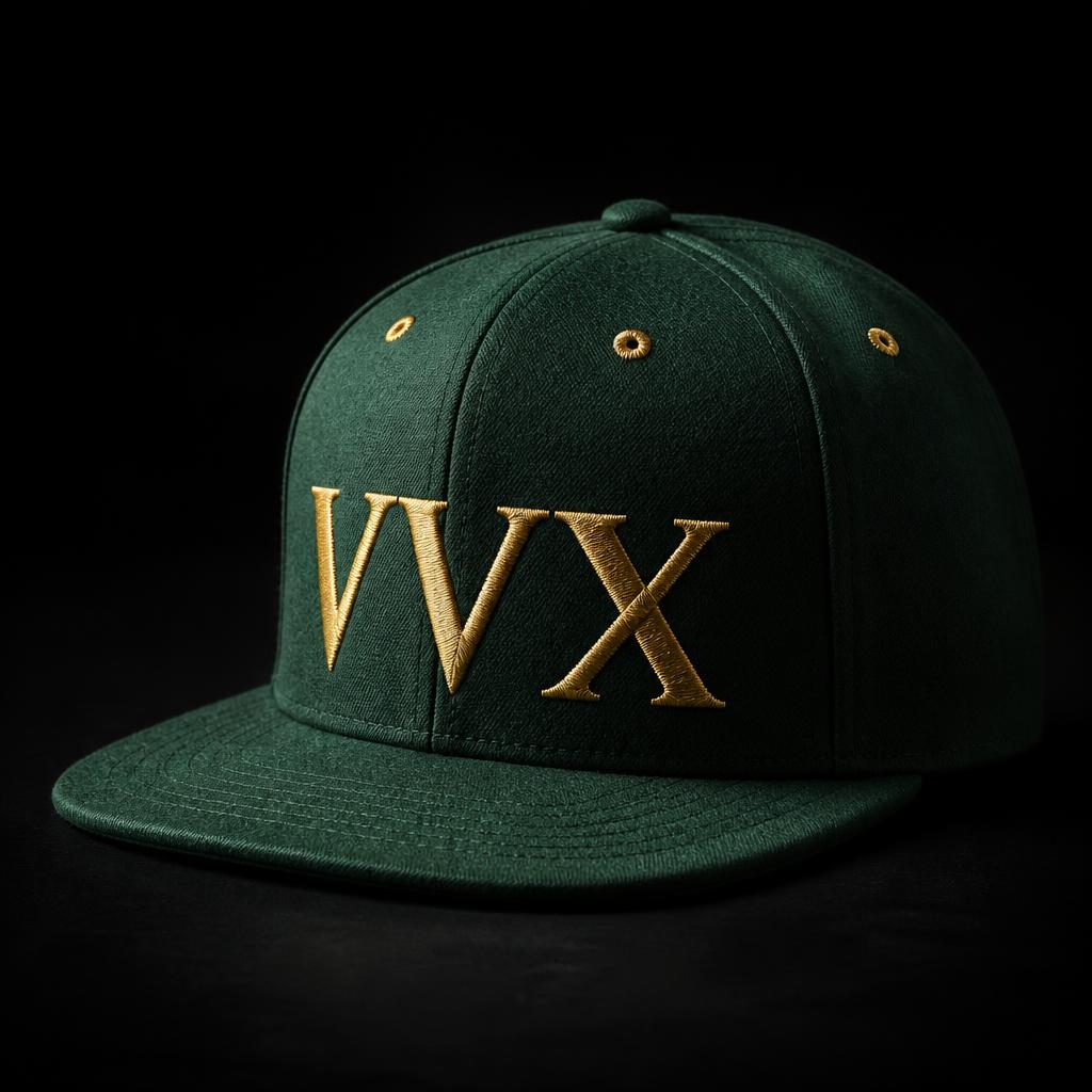 VVXHQ Emerald Wordmark Fitted Cap in Emerald Court, Raised gold serif VVX