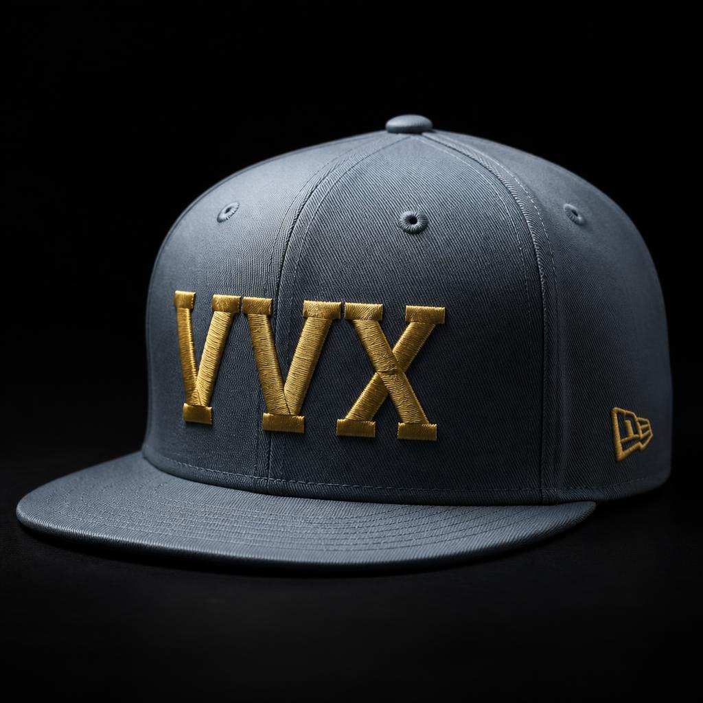 VVXHQ Slate Block Fitted Cap in Slate Blue, Gold block VVX logo