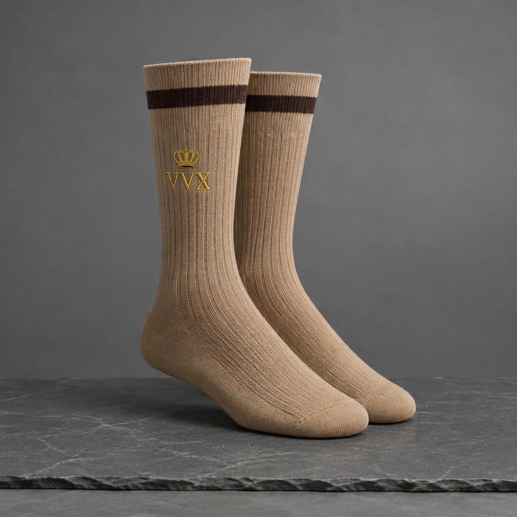 VVXHQ men's VVX Desert Sand Crew Sock in Onyx Black — Desert Sand, sold as a single pair.
