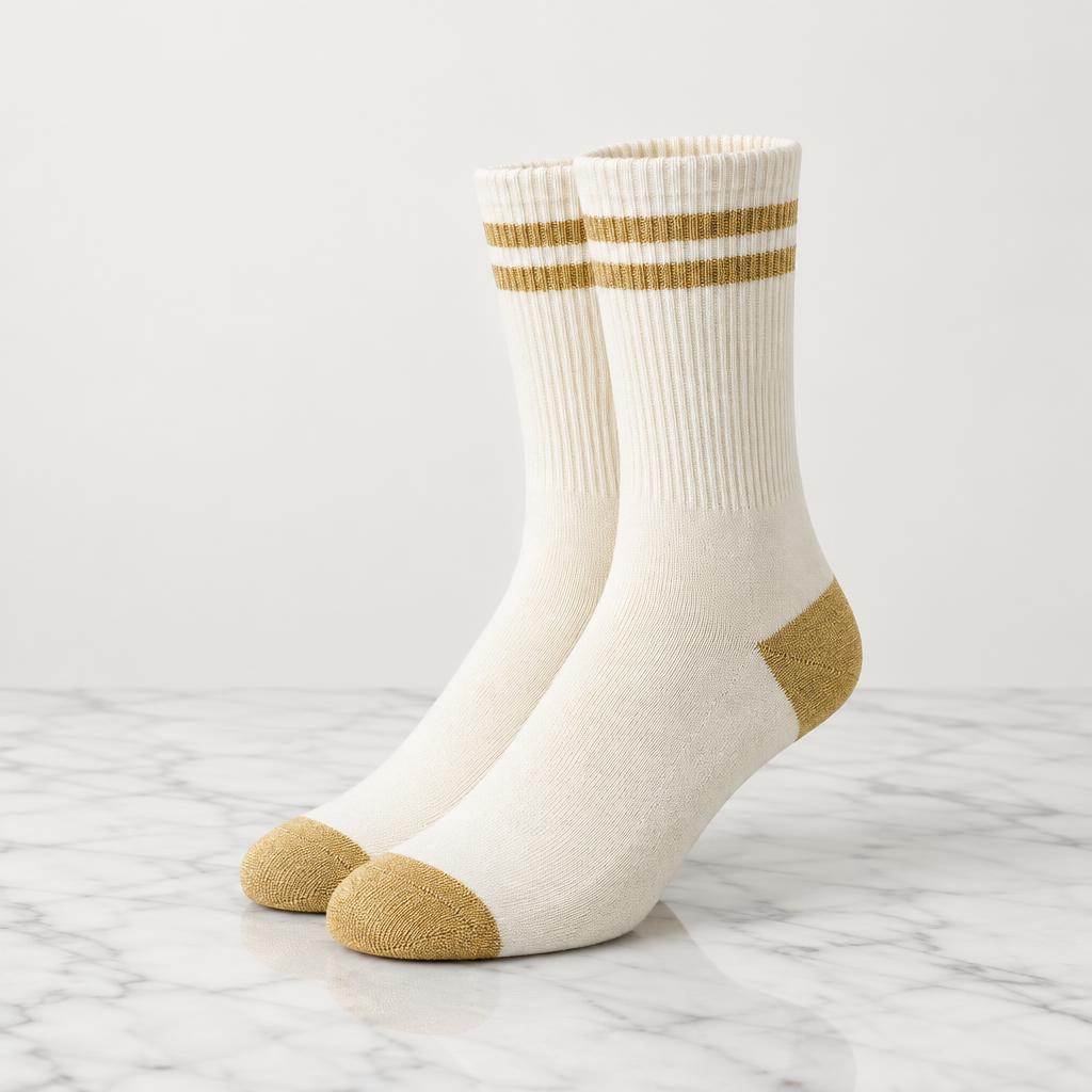 VVXHQ women's VVX Ivory Gold Crew Sock in Onyx Black — Ivory & Gold, sold as a single pair.