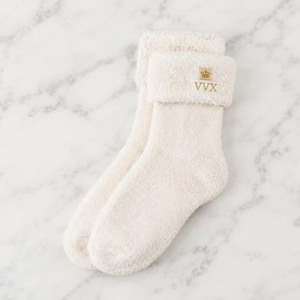VVXHQ women's VVX Ivory Plush Lounge Sock in Onyx Black — Ivory, sold as a single pair.