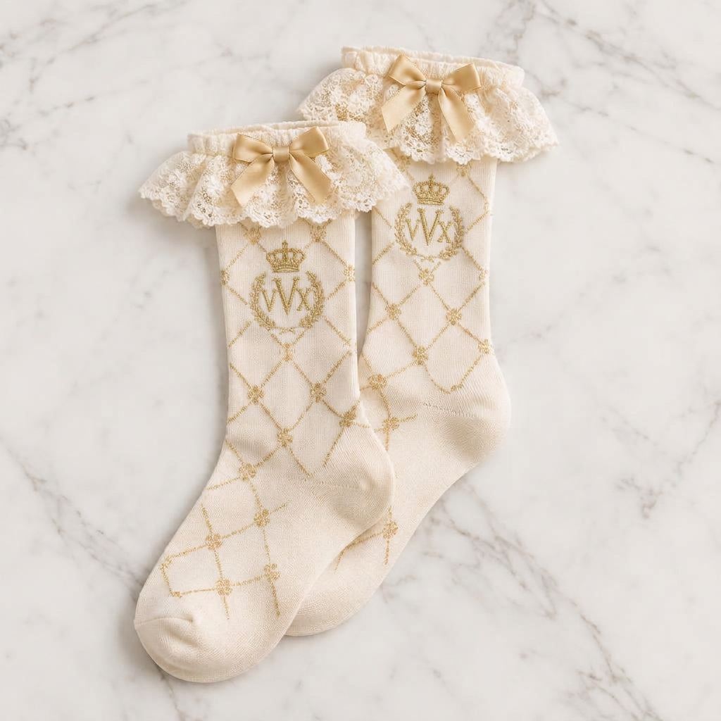 VVXHQ women's VVX Ivory Lace Statement Sock in Onyx Black — Ivory & Gold, sold as a single pair.