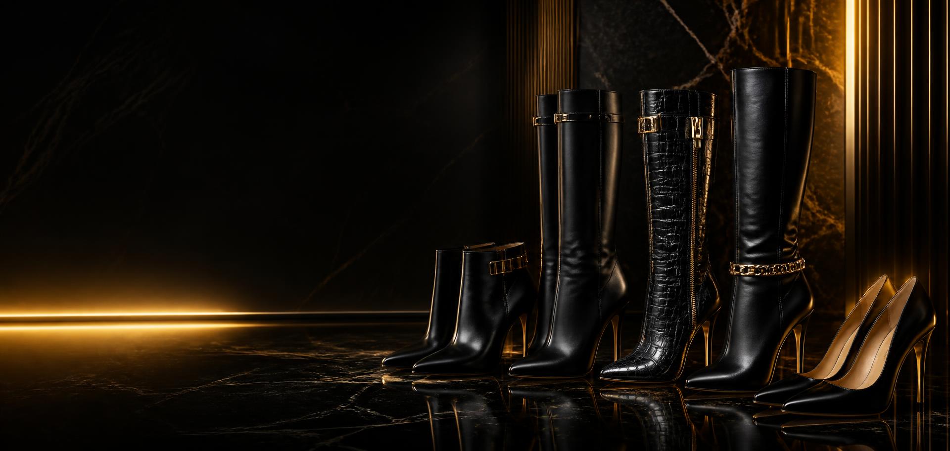 VVXHQ women's leather boots and stiletto heels with gold hardware on black marble
